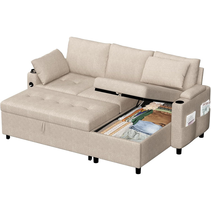 Диван-ліжко 3-в-1, Розкладний шезлонг-диван, Шкіряний диван-ліжко з місцем для зберігання, USB-портами та підставками для чашок, Розкладний диван для вітальні та квартири, Бежевий