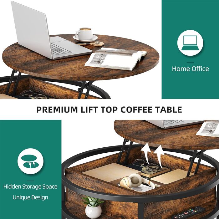 Круглий журнальний столик з підйомною стільницею, стіл для вітальні з прихованим відділенням для зберігання, круглий бічний столик з місцем для зберігання для домашнього офісу, круглий центральний стіл для вітальні 80x80x47 см коричневого кольору