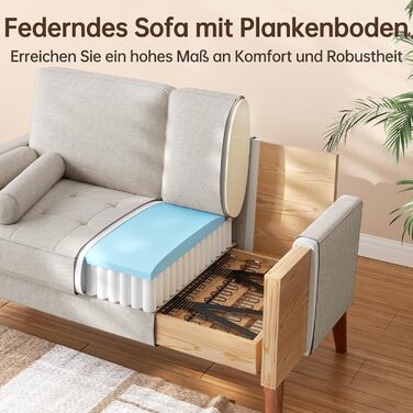 Місний диван Vesgantti, 121 см, сучасний попелясто-бежевий диван з 2 декоративними подушками, невеликий тканинний диван з підлокітниками, подушки сидіння на ґудзиках, гостьовий диван для вітальні/квартири/офісу, лляний попелясто-бежевий, 2-