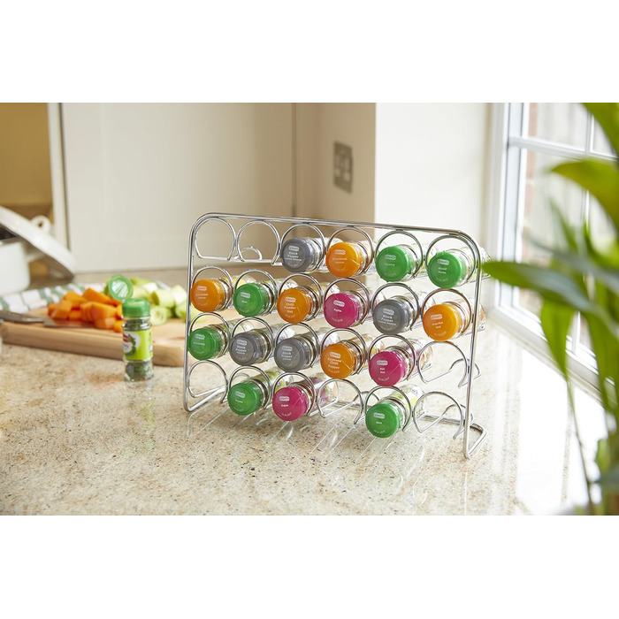 Стелаж для спецій - на 24 банки - Хромований стелаж для спецій, Кухонний органайзер - Окремостоячий набір металевих банок для спецій, Стелаж для спецій на 24 банки