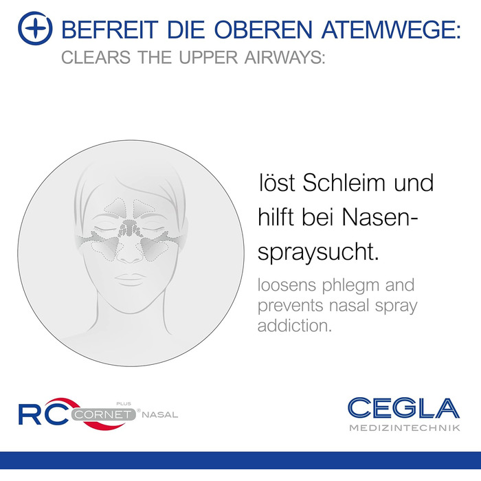 Прилад для респіраторної терапії CEGLA RC-Cornet PLUS NASAL, вільний ніс без ліків, муколітичний, протинабряковий, регенеруючий, інтегроване з'єднання для інгаляцій, очищає верхні дихальні шляхи