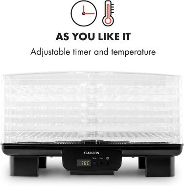 Дегідратор, дегідратор, сушарка для фруктів, м'яса та фруктів, 6 рівнів, штабельована, 550 Вт, регульована температура, робота з конвекцією, РК-дисплей, без бісфенолу А, чорний