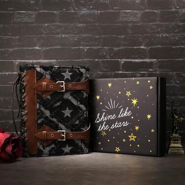 Джинсовий щоденник TIEFOSSI для жінок та чоловіків вінтажний блокнот зі штучної шкіри з механізмом на 6 кілець, лінійкою для коледжу, з можливістю поповнення та внутрішніми кишенями (17,8 x 23,5 см) чорного кольору