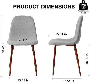 Набір із 4 обідніх стільців CangLong у ретро-стилі з м&39якою оббивкою для кухні та їдальні, сучасний тканинний обідній стілець з металевими ніжками, сірий