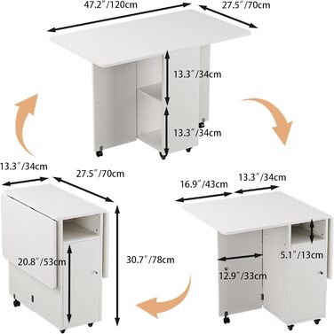 Мобільний розкладний стіл, розкладний обідній стіл на колесах, розкладний стіл з 1 великою шафою та 1 відкритим відділенням, мобільний обідній стіл для невеликих приміщень, їдальня, кухня, 120 x 70 x 78 см, білий, 120x70x78 см, білий