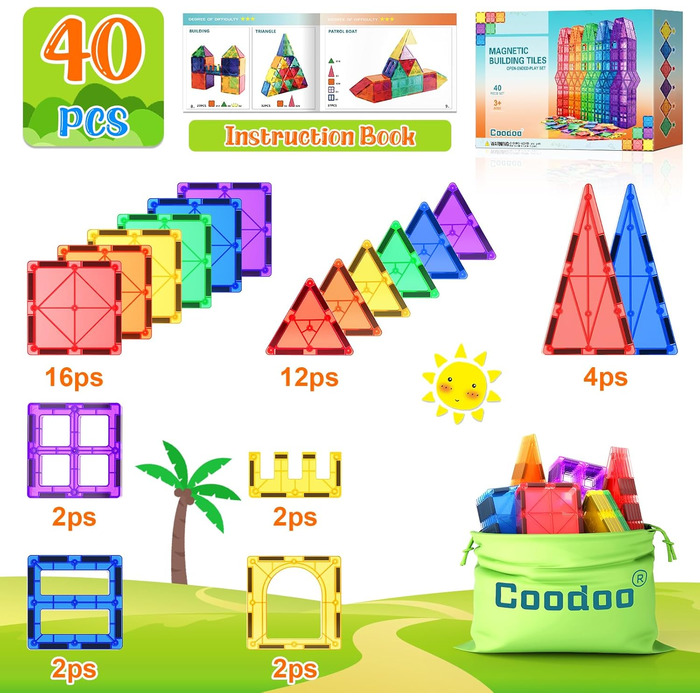 Магнітний конструктор Coodoo Magnetic Tiles 40 шт., STEM-набір