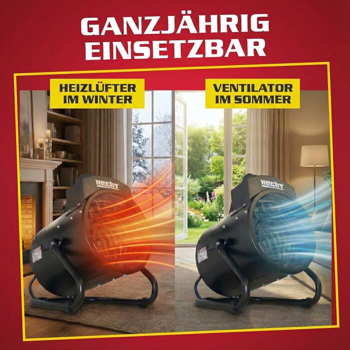 Електричний обігрівач HECHT Портативний обігрівач 3000 Вт 3 рівні потужності Термостат Енергоефективний Підходить для будівельних майданчиків, гаражів, майстерень, кемпінгу, віталень, Чорний