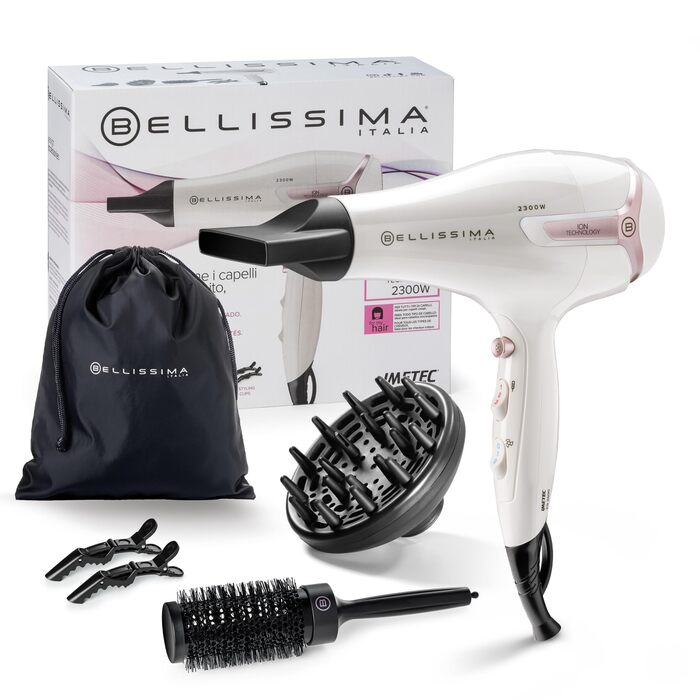 Фен для волосся Bellissima K9 2600 Light 2300 Вт швидке висушування, іонна технологія проти розпушування, набір з дифузором, щіткою, концентратором, затискачами та сумкою