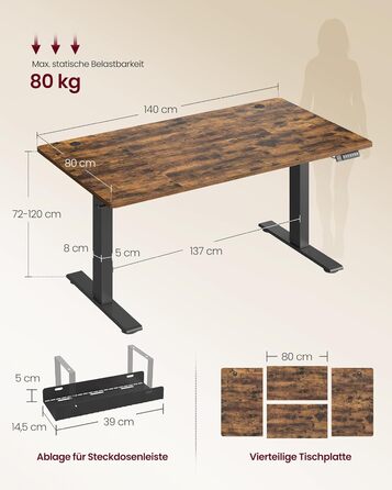 Стіл VASAGLE з регульованою висотою, 140 x 80 см, порт USB-C, подовжувач для зберігання, стіл для роботи стоячи, нагадування про тривале сидіння, 3 кнопки пам&39яті, для офісу, вінтажний коричневий LSD144KD02 140 x 80 см вінтажний коричневий
