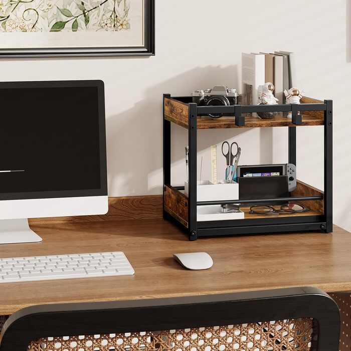 Підставка для спецій HOOBRO, 2-рівнева кухонна полиця, підставка для спецій з висувними лотками та гачками, кухонний органайзер, для кухні, вітальні, спальні, рустикальний коричневий та чорний EBF08TL01