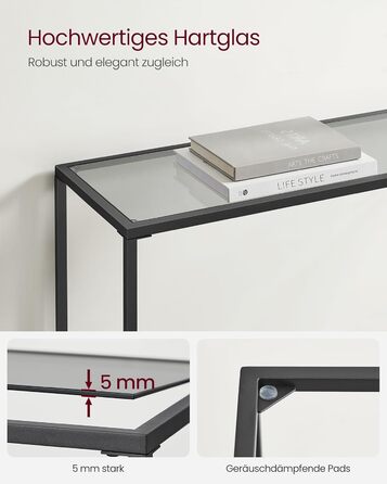 Консольний столик VASAGLE, бічний столик, стільниця із загартованого скла, сучасний диван-столик, легке складання, регульовані ніжки, вітальня, передпокій, чорно-сланцево-сірий LGT132B01 Чорно-чорний шиферно-сірий 1 рівень (20Г x 100Ш см)