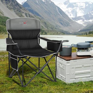 Складане кемпінгове крісло, вантажопідйомність 200 кг, з тримачем для напоїв та сумкою-холодильником, складне кемпінгове крісло, складне рибальське крісло з високою спинкою, чорне