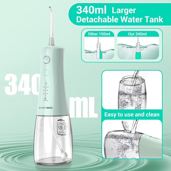 Бездротовий іригатор для порожнини рота, електричний зубний флоссер з 5 режимами тиску, водонепроникний IPX8, портативний пристрій для догляду за яснами, набір для очищення зубів, QR-7101 (Пастельно-зелений)