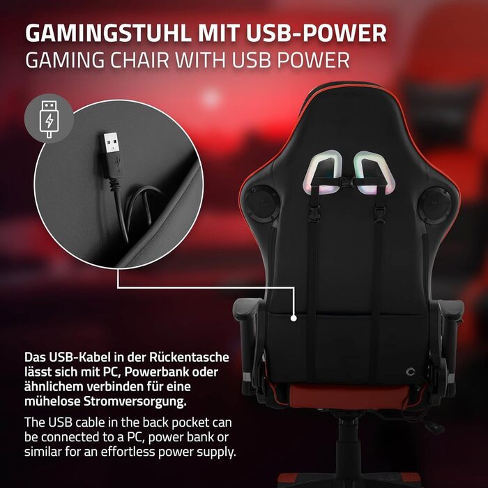 Ігрове крісло ML-Design із RGB-світлодіодним підсвічуванням та Bluetooth-динаміками, червоне, штучна шкіра, ергономічне офісне крісло, висока спинка, підголівник, поперекова підтримка, поворотне та регульоване, гоночне ігрове крісло