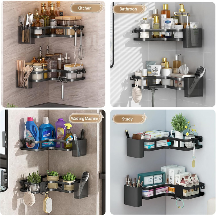 Кутова полиця для душу без свердління, 2 шт., чорна. Органайзер для ванної кімнати з 4 гачками, полиці для душу, аксесуари для душу, тримач для шампуню у ванну кімнату.