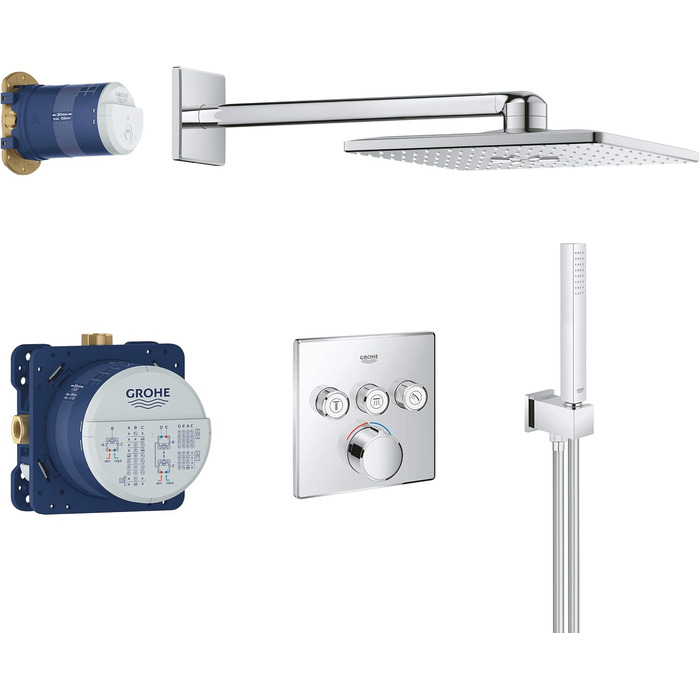 Душова система GROHE SmartControl 310 та змішувач для умивальника Essence New на 2 отвори (аератор 5,7 л/хв, настінний монтаж, металевий важіль керування), розмір L, хром, 19967001