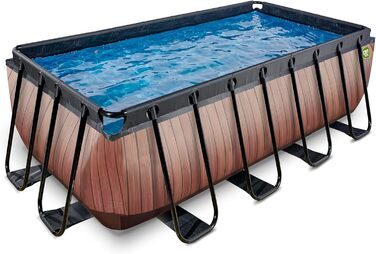 Басейн EXIT Toys Wood Pool - 400x200x122 см - Великий прямокутний каркасний басейн з піщаним фільтруючим насосом - Дуже глибокий басейн - Міцний каркас - Включає сходи для басейну - Унікальний дизайн - Коричневий