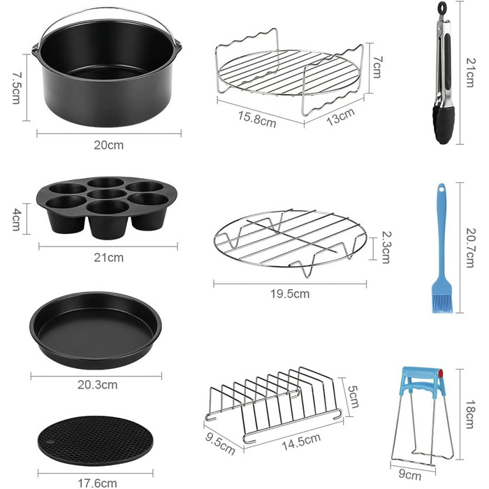 Набір аксесуарів для фритюрниці, набір аксесуарів для фритюрниці 8 дюймів 13 шт. для фритюрниць 3.8-5.5 л з рецептами, чашки для тортів з антипригарним покриттям, лоток для піци, силіконовий вкладиш для сковороди, форми для мафінів тощо.