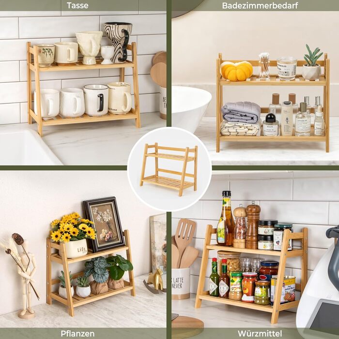 Бамбуковий кухонний органайзер, 2-рівнева полиця для чашок та спецій, підходить для зберігання аксесуарів для матчі та кави на кухні, вдома та в офісі