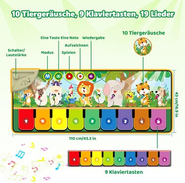 Дитяча іграшка від 1 року, музичний килимок дитячий 19 пісень 10 тварин, дитяча іграшка від 1 2 3 років піаніно килимок подарунок дівчинка хлопчик Різдво день народження, 63301