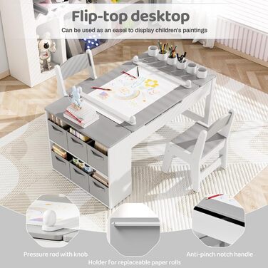 Дитячий стіл MAMIZO з 2 стільцями, дерев&39яний дитячий стіл та комплект стільців, дитячий комплект сидіння з місцем для зберігання та рулоном паперу, стіл для малювання та рукоділля, художній стіл для дітей від 3 років, сірий