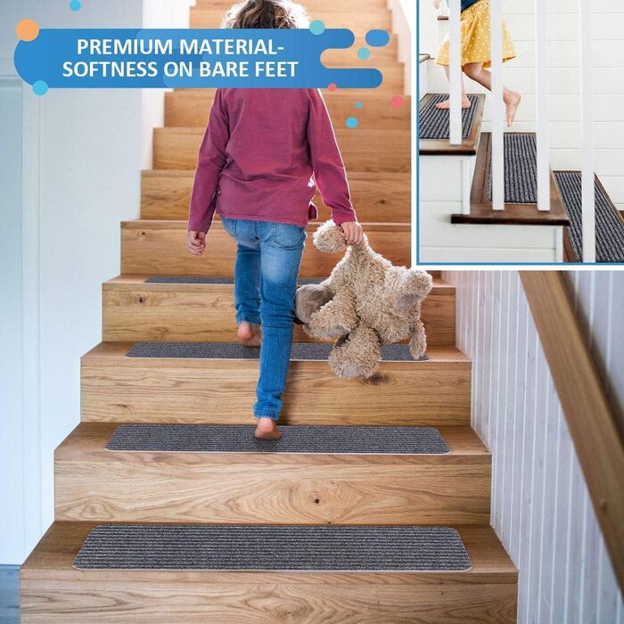 Килимок для сходів RIOLAND, нековзкий, для використання всередині приміщень, для дерев&39яних сходів, килимки для сходів для дітей та собак, 15 шт. , 20,3 x 76,2 см, сірий