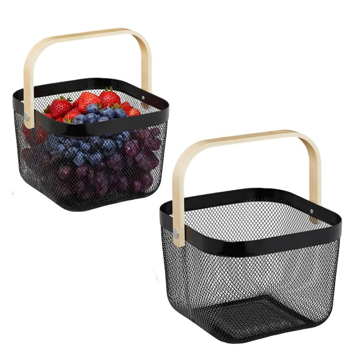 Дротяний кошик з ручкою, кошик для перенесення в стилі лофт, кошики для садового врожаю, квадратний кошик для зберігання, для ванної кімнати, кухні, пікніка, 2 предмети, 18 x 24,5 x 24,5 см (чорний)