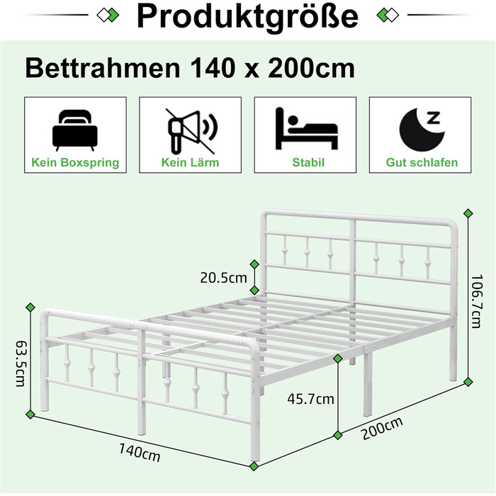 Металеве ліжко EMODA 140 x 200 см з узголів&39ям та узніжжям, каркас ліжка заввишки 46 см, міцний каркас ліжка, легке складання, безшумне, біле DE 140 x 200 см Біле