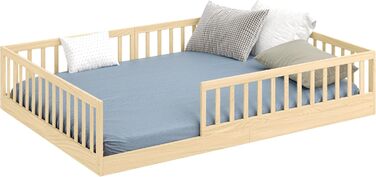 Дитяче ліжко CADANI Timi 140x200 см, підлогове ліжко, знімні захисні поручні, вантажопідйомність до 200 кг, висувна рейкова основа, ліжко Монтессорі з масиву сосни, 3 варіанти складання, трансформоване, натуральний колір 140 x 200 см