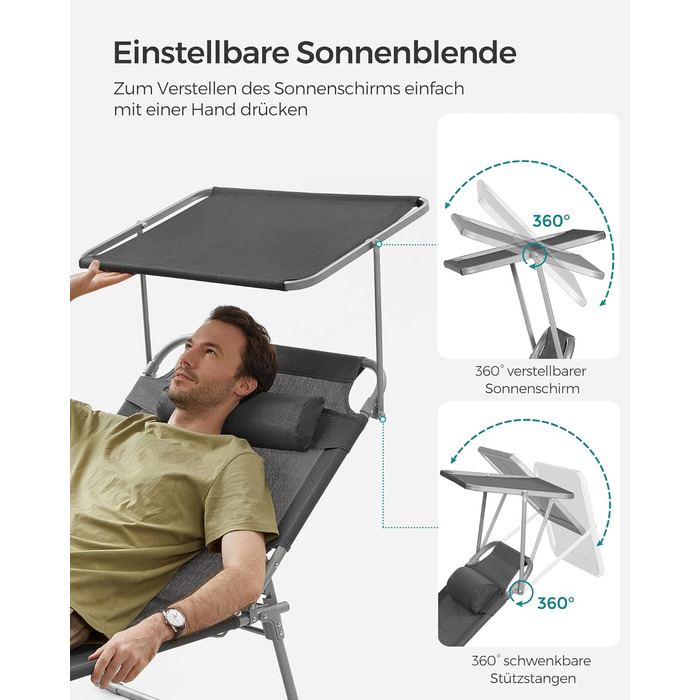 Великий складаний шезлонг SONGMICS, 200 x 71 x 38 см, вантажопідйомність 150 кг, з сонцезахисним тентом та регульованою спинкою, для саду, басейну, тераси, темно-сірий GCB22GYV2 антрацит