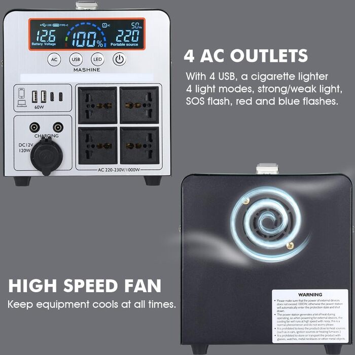 Портативна електростанція 1000 Вт/666 Втгод, портативний акумуляторний генератор, резервний акумуляторний блок для кемпінгу, автофургонів, дронів, надання першої допомоги та зовнішнього освітлення, з 4 розетками змінного струму