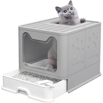 Котячий лоток, котячий туалет, з кришкою, висувний лоток, просторий для котів вагою до 15 кг, менше слідів, герметична підлога (сірий)