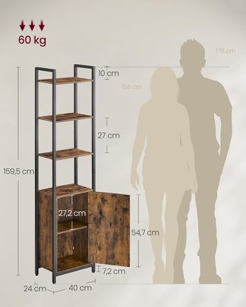 Книжкова полиця VASAGLE, 6 ярусів, полиця, окремостояча полиця з дверцятами, металевий каркас, регульовані полиці, 24 x 40 x 159,5 см, для вітальні, спальні, вінтажний коричневий-чорний LLS132K01 40B см Вінтажний коричневий чорнильний