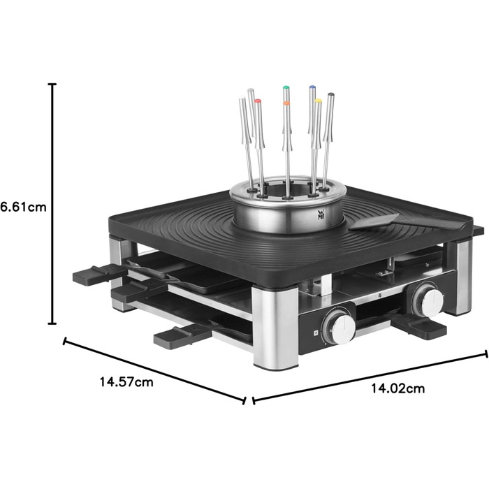 На 8 осіб, раклет фондю комбо, електричний, контроль температури, освітлення, 1800 Вт, компактний, матовий з нержавіючої сталі, 3in1 Gourmet Station