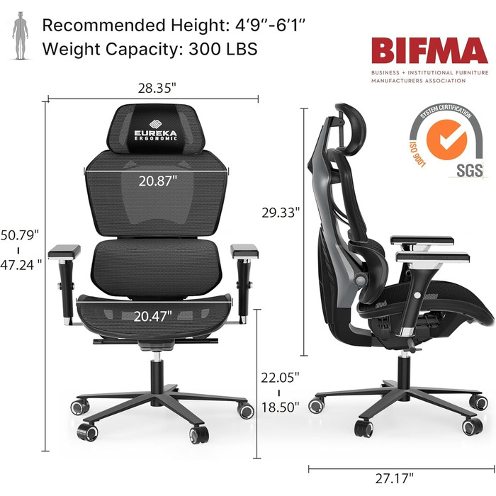 Ігрове крісло EUREKA ERGONOMIC Typhon, ергономічне офісне крісло з регульованою поперековою опорою та підголівником, крісло для ПК з 4D підлокітниками та регулюванням висоти, вантажопідйомність 125 кг, чорний та сірий