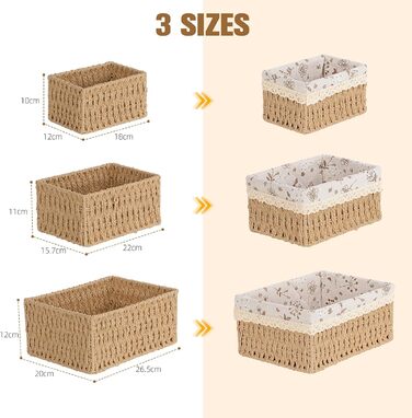 Кошик для зберігання з підкладкою, набір кошиків для зберігання іграшок з 3 предметів, ручне плетіння, декор у стилі бохо, плетений матеріал, що підлягає переробці, кошики-органайзери для пеленального столика, коробки для дитячої кімнати, маленький кошик 