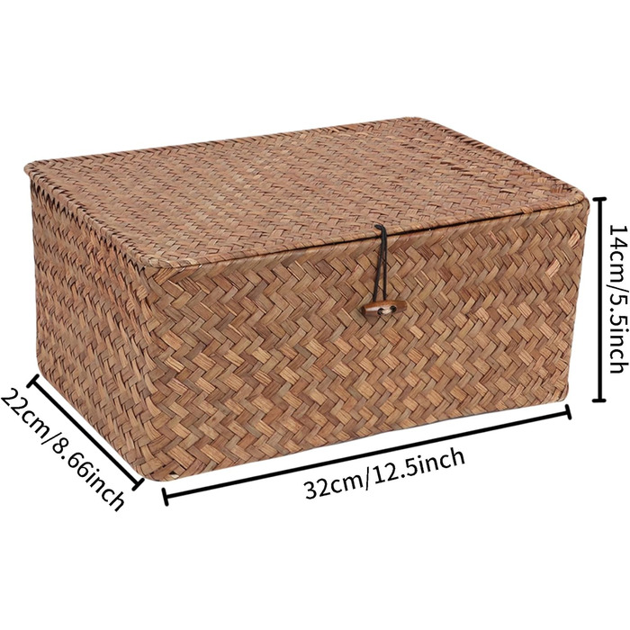 Кошики FEILANDUO з вербовими полицями та кришкою, з морської трави, кошик для зберігання, контейнер, прямокутний, ручної роботи, для полиць, столу, домашнього органайзера (кавовий, великий)