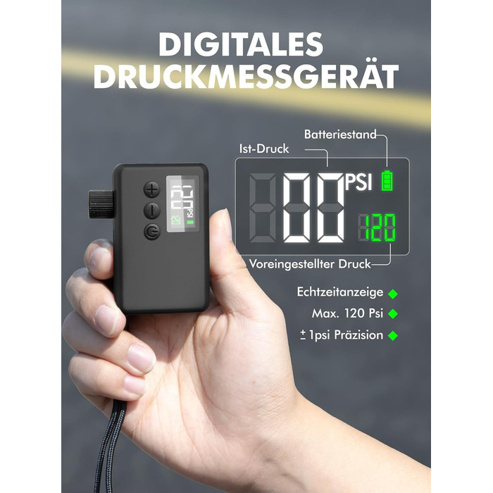 Велосипедний насос GPUTEK, міні-електричний, 71 x 30 x 43 мм, 120 psi, нержавіюча сталь, чорний