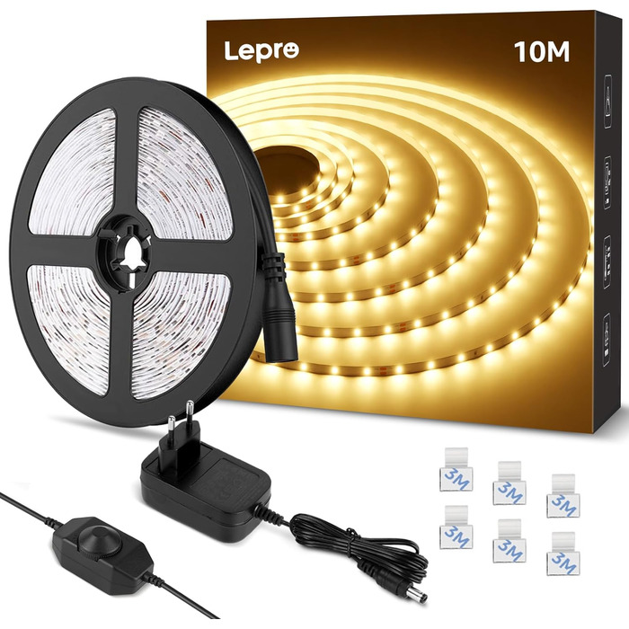 Світлодіодна стрічка Lepro 10M тепла біла, світлодіодна стрічка тепла біла 3000K з регулюванням яскравості, 2835 світлодіодна стрі