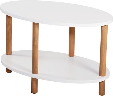 Журнальний столик Højreby, овальний диван-столик з 1 полицею, вітальня, 70 x 44 x 43 см, ніжки з бука, білий