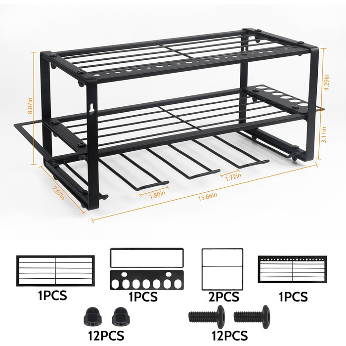 Стелаж для інструментів, настінна гвинтова полиця для інструментів, 3-шарове сховище для інструментів з 4 слотами для електрики, свердла, придатні для організації обладнання майстерні