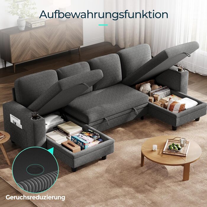 Розкладний диван LINSY HOME, кутовий диван з функцією сну, місцем для зберігання речей, вельветова оббивка, L-подібні модульні дивани з шезлонгом для віталень та квартир (темно-сірий, U-подібний) Темно-сірий U-подібний