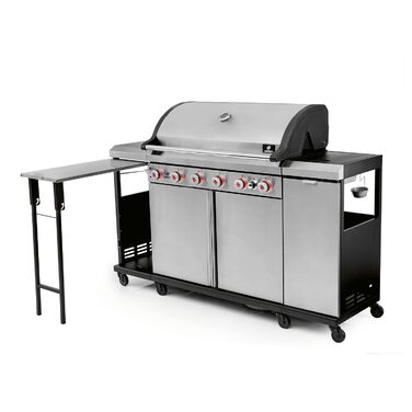 Газовий гриль LANDMANN Gasgrill 6.1 6 пальників, MaxX-Zone, велика площа гриля та чавунні решітки Потужний гриль для саду та відпочинку на природі з LED-регуляторами та бічним столом