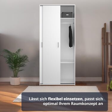 Шафа KHG, біла, 2-дверна шафа з розсувними дверима та 1 рейкою для одягу, 2 полицями, штанговими ручками, позачасова шафа з розсувними дверима, 2-дверна