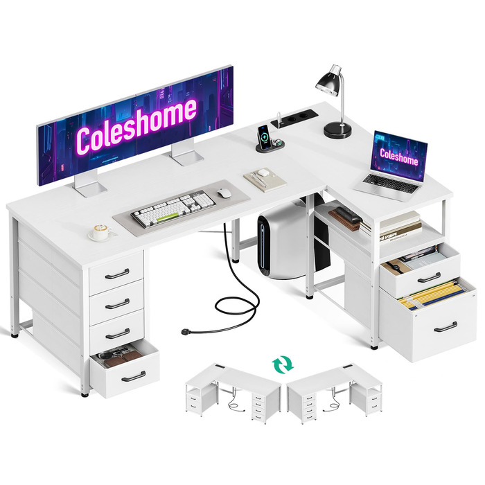Письмовий стіл Coleshome з тканинними шухлядами, 140x80 см, двосторонній L-подібний стіл з шухлядою для документів, кутовий стіл з портом зарядки USB та розеткою, столи для домашнього офісу, білий 140x80 см