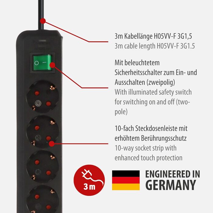 Розеткова планка Brennenstuhl Eco-Line на 10 розеток (розетка на декілька розеток з посиленим захистом від дотику, вимикачем і каб
