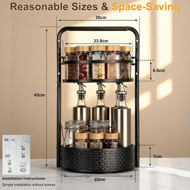 Обертова підставка для спецій Romon, 2-рівнева кухонна полиця з тримачем для паперових рушників, органайзер для спецій з кульковими підшипниками з нержавіючої сталі та протиковзкими ніжками, для кухонних шаф та стільниці, чорна