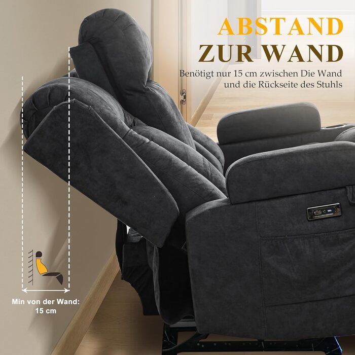 Двомісний крісло-реклайнер з функцією відкидання спинки, електрично регульоване крісло для телевізора з підігрівом та вібромасажем, крісло для домашнього кінотеатру з мультимедійною центральною консоллю, оксамит, сірий. Сірий двомісний крісло з консоллю