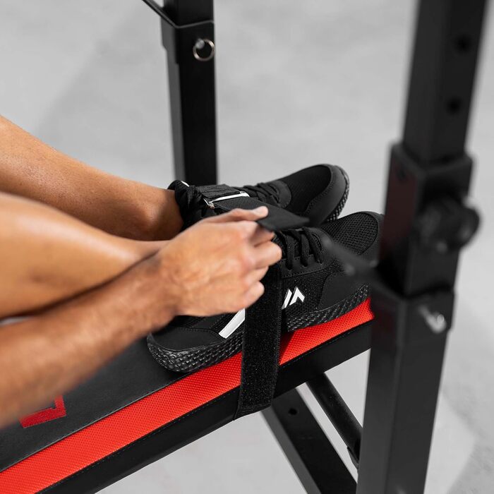 Складана силова лава Hop-Sport, багатофункціональна тренувальна лава зі стійкою для штанги та станцією для віджимань, ідеально підходить для тренувань на прес, силових тренувань та домашнього фітнесу - максимальне навантаження 250 кг