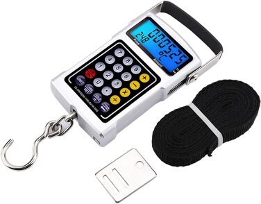 Електронні ваги для рибальських гачків, цифрові підвісні ваги, місткість 50 кг, з підсвічуванням РК-дисплея, 7-дюймовий багатофункціональний пристрій для риболовлі, подорожей, використання, включає температурний годинник, калькулятор, кран